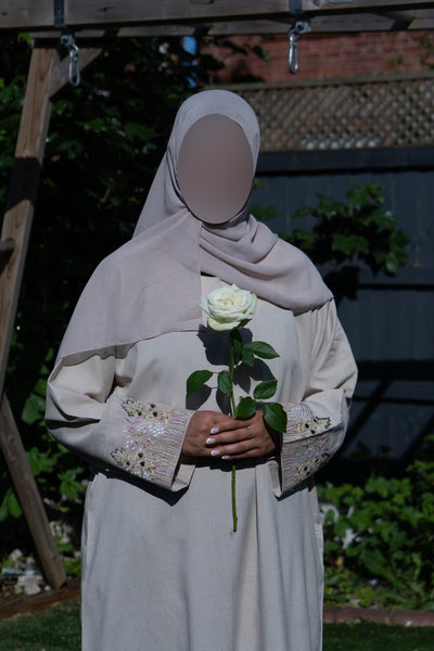 Linen floral abaya taupe pinky
