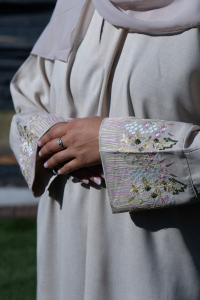 Linen floral abaya taupe pinky